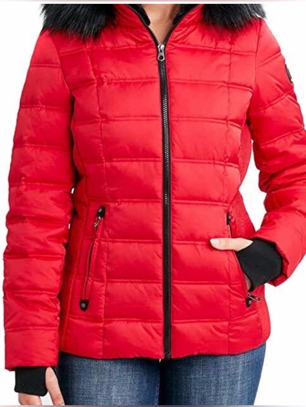 Nautica Red Quilted Puffer Jacket Faux Fur Hood Size XS